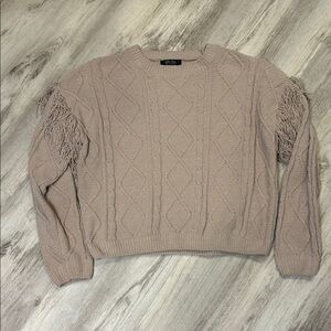Witty Fox Cozy Tan Fringe Detail Cable Knit Long Sleeve Sweater Elevated Basics